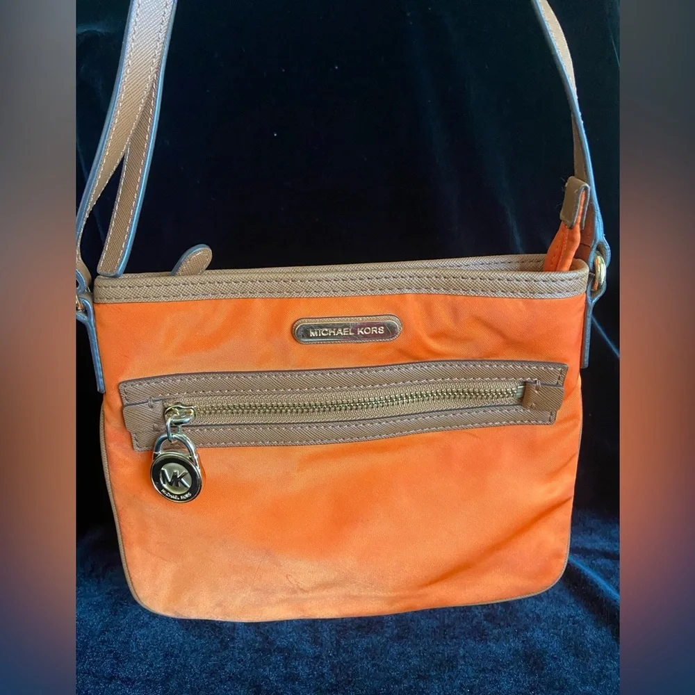 Michael Kors Kempton Orange Nylon British Tan Leather Pocket Crossbody Bag - Picture 2 of 14